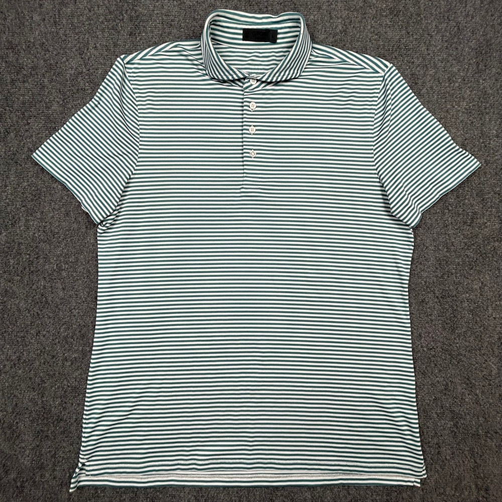 G/FORE Polo Shirt Mens L Green White Striped Performance Stretch Golfcore Sporty